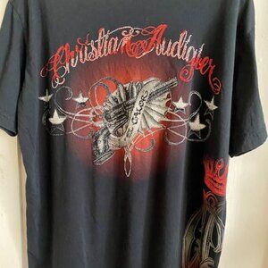 Rare Christian Audigier El Calor Black Rhinestone Embellished T Shirt XL